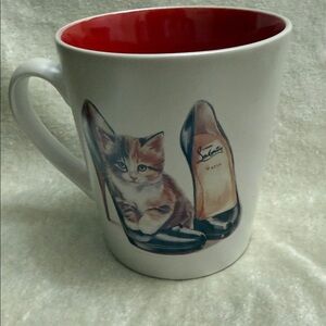 Women’s Red-Interior Ceramic Mug with Shoe & Kitten Art